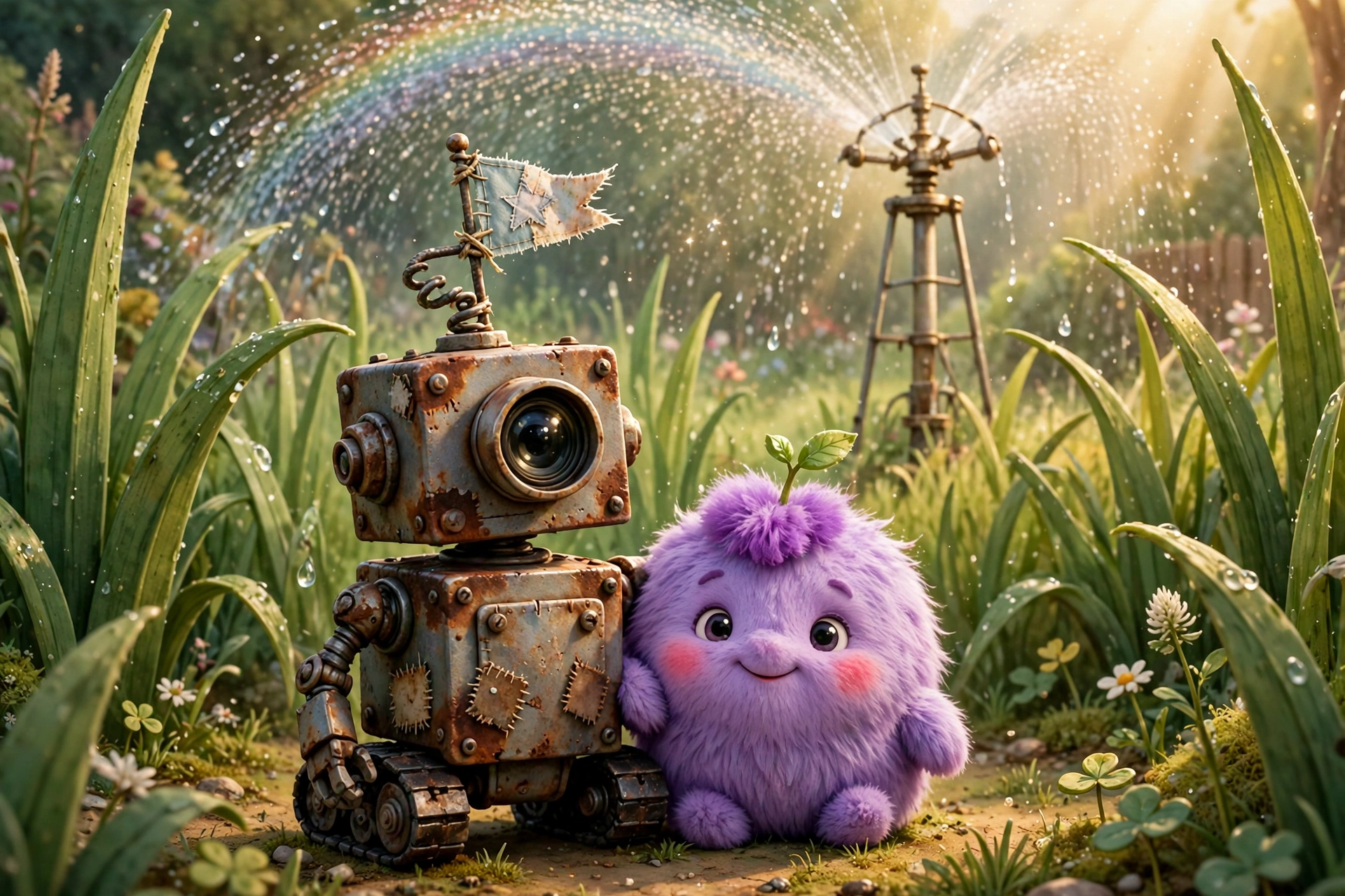 Hasp & Tuffet characters together in a giant backyard beneath a sparkling sprinkler